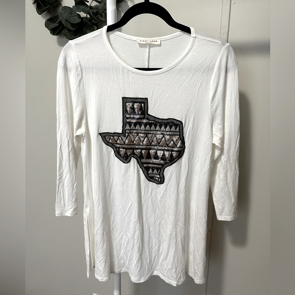 White Tunic with Texas Sequin Patch 3/4 Length Sleeves size small